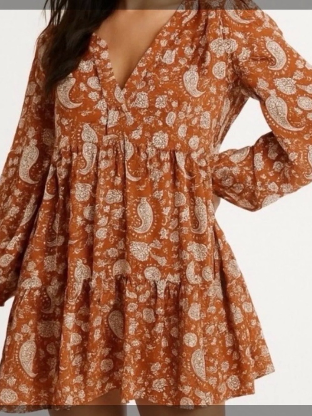 MELLODAY Rust Paisley V-Neck Tiered Mini Dress